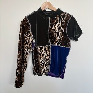 Velvet Leopard Print Patchwork Mockneck Top